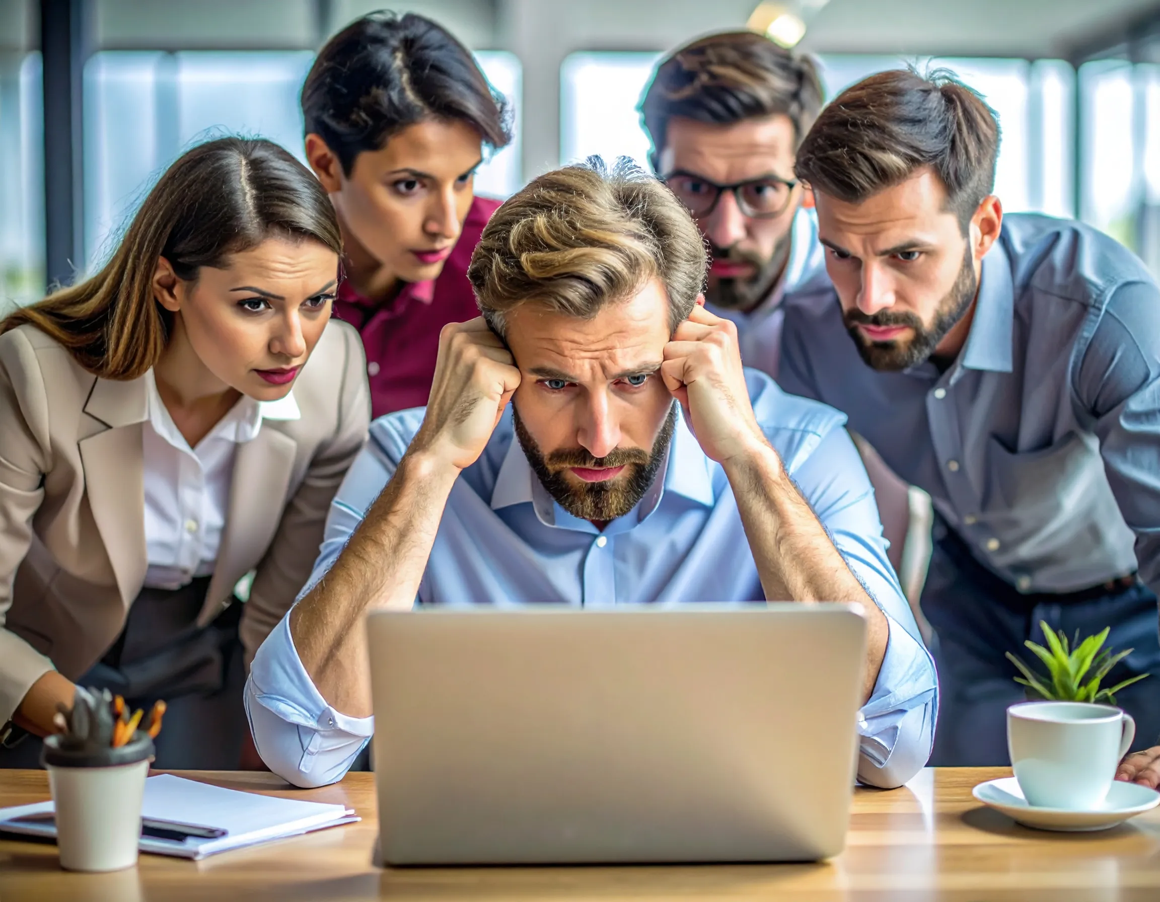 Person using 3D software on a laptop while people wait standing by him