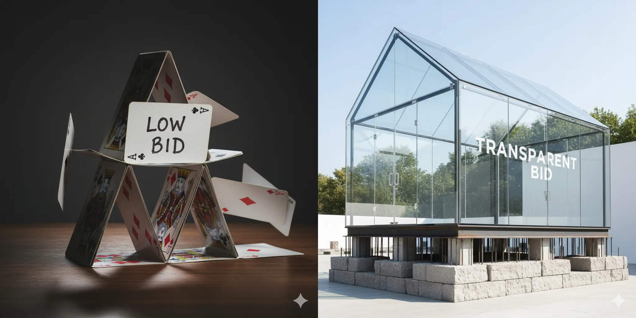 Split image: left with a house of cards to represent total amount low bids and right with strong foundation glass house representing detailed trasparents bids.